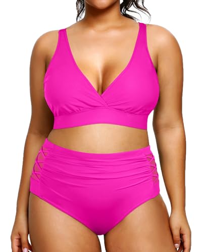 Yonique Womens Plus Size Bikini High Waisted Swimsuits Two Piece Bathing Suits Tummy Control Swimwear Pink 16Plus