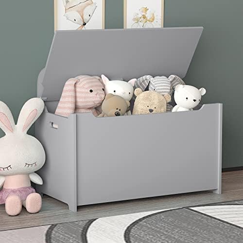 Duitrc Children's Wooden Toy Box And Home Storage, Deluxe Toy Box With 2 Safety Hinged Entry Benches For Girls And Boys. (Grey 1)