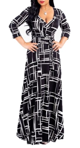 Damen Wickelkleid V Ausschnitt Plus Size Maxi Kleider 3/4 Ärmel Kette Floral Printed Swing Kleid mit Gürtel - Schwarz - Klein