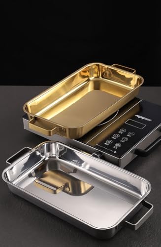 Stainless Steel Non-Stick Double Burner Griddle & Paella Pan - Versatile Seafood & Dinner Serving Plate for Home Cooking & Kitchen Use