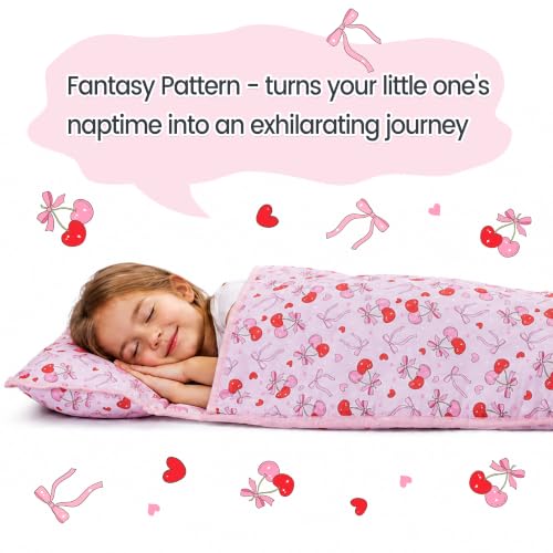 Image of Viviland Toddler Nap Mat with Pillow and Minky Dot Blanket, Cherry Bows