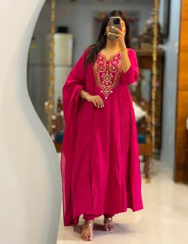 Image of ANNI Designer Women Viscose Embroidered Anarkali Kurta with Palazzo and Dupatta | Ladies Kurta Palazzo Dupatta Set | Ethnic Wear Indian Traditional Clothing for Women