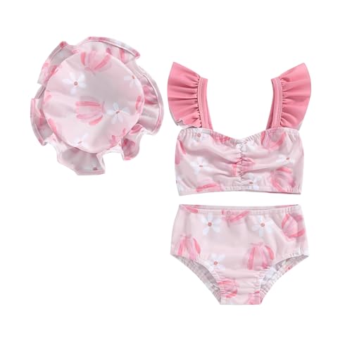 Toddler Baby Girl Swimsuit Infant Fly Sleeve Swimwear Tank Tops with Shorts and Hat Bathing Suit 3Pcs Summer Outfit