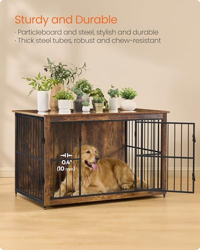 Image of Feandrea Wooden Dog Crate Furniture, 48 Inches Heavy-Duty Kennel for Dogs up to 110 lb, with Double Doors and Enclosed Wood Base, Modern Pet Cage End Table Indoor, Rustic Brown