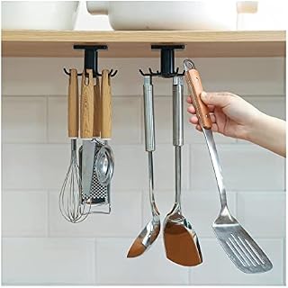 Utensil Holder Hook, Self Adhesive Kitchen Hanger Storage Oganiser Hook Under Cabinet Rotatable Hooks Holder for Utensil, Towel, Spoon, Ladle with 6 Hooks (Dark Blue)