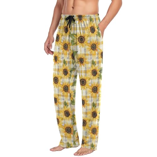 ALAZA Yellow Sunflower Plaid Men’s Pajama Pants Soft Long Sleep Pants Lounge Pajama Bottoms with Pockets4