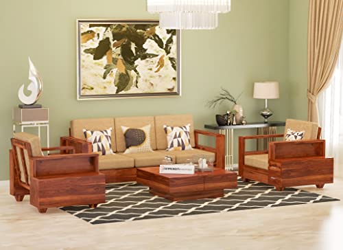 Image of Sheesham Wood 5 Seater Sofa Set with 2 Drawer Storage | 3+1+1 Wooden Sofa Set Furniture for Living Room Home Office (Honey)