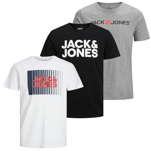 JACK & JONES Herren T-Shirt 3er Pack – Baumwolle, Rundhals, mit Print, Regular Fit, Kurzarm, weiches Jersey, nachhaltige Mode für Männer