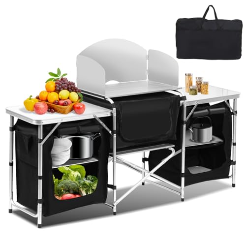 Vkechh Campingküche Faltbar Campingschrank mit Aluminiumgestell und Spritzschutz 5 Staufächer Küchenbox Zeltschrank Outdoor Camping Küche Ink. Tragetasche Reiseküche für Camping Picknick Reisen