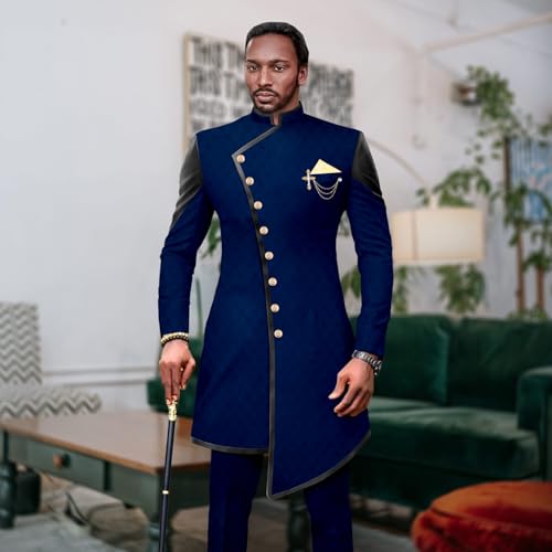 Men`s Suits African Clothes Slim Fit Single Breasted Full Sleeve Brooch PU Blazer and Pants Set2