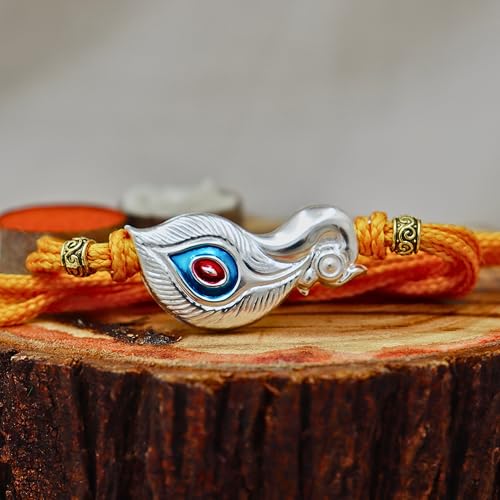 Image of 925 Sterling Silver Rakhi with Peacock Design for Brother, Handmade Orange Thread Rakhi for Raksha Bandhan Gift