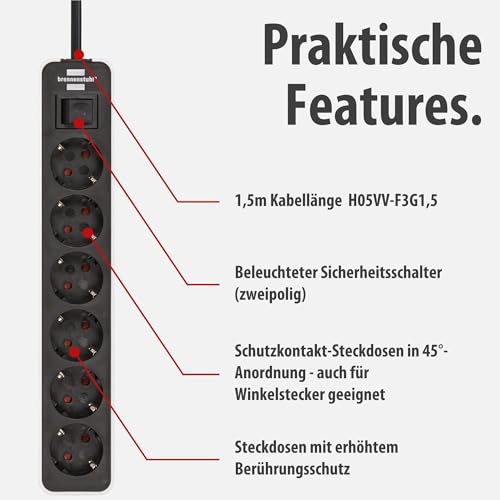 Brennenstuhl Ecolor Steckdosenleiste 6-Fach (Mehrfachsteckdose mit Schalter und 1,5m Kabel) schwarz/weiß