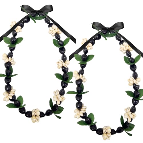 2 Pieces Hawaiian Graduation Black Kukui Nut Leis 2026 Chunky Acrylic Flower Heart Shell Beads Necklace Adjustable Graduation Flower Leis for High School College Graduation Party Accessories,Black