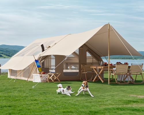 PulseFay Inflatable Camping Tent with Pump & Awning, 14 Person Air Tents for Camping Adult, Large Waterproof Oxford Family Glamping Tent, Quick Setup Big Tent for Outdoor Camping