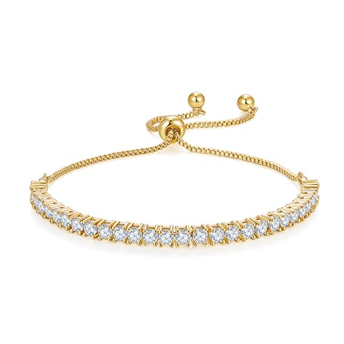 MINDDHA 14K Gold Plated Cubic Zirconia Tennis Bracelet – Elegant Tennis Bracelet for Women, Thin, Dainty, Stackable, Available in 2mm 3mm Width, Silver and Gold Color, Adjustable Slider 6-9 Inch