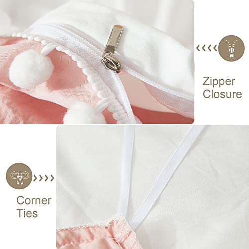 Bedbay Queen Duvet Cover Set Pink Bedding For Teen Girls Aesthetic Bedding Set Ball Pom Fringe Design 3Pcs Ultra Soft Microfiber Duvet Cover Set(White&Pink,Queen) #TOP3