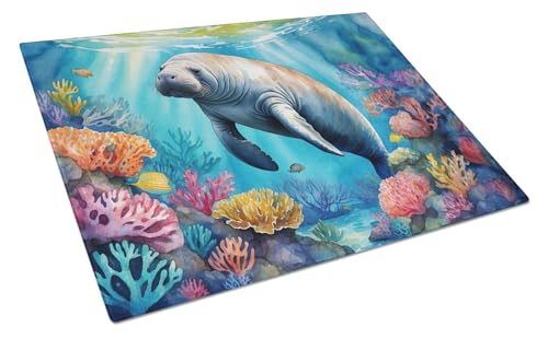 Caroline's Treasures Manatee and Coral Reefs Glass Cutting Board Decorative Tempered Glass Kitchen Cutting and Serving Board Large Size Chopping Board