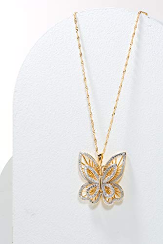 18K Yellow Gold Plated .925 Sterling Silver Diamond-Accented 1-1/3" Openwork Filigree Butterfly Pendant Necklace, 18" #TOP4