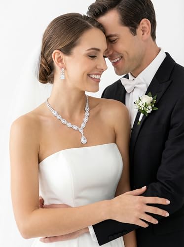 Axylena Crystal Teardrop Jewelry Set, 14K White Gold Plated Necklace and Earrings, 1.5 Carat CZ Diamond Wedding Set, Formal Evening Collection with Matching Drop Earrings — view 6