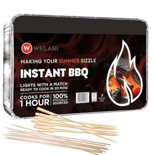 Welari Party Sized Instant Barbecue – Large Disposable BBQ with Lumpwood Charcoal – Includes Free 10 Wooden & 10 Gun-End Skewers – Ideal for Parties, Camping & Picnics | (1 Pack)
