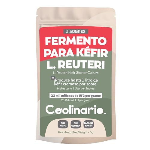 Coolinario Cultivo Iniciador de Kefir con L Reuteri | Fermentos para Hacer Kefir (5x1g) con Probióticos Lactobacillus Reuteri | Cremoso y Ácido | Sin OGM, Sin Conservantes, Halal, Kosher, Sin Gluten