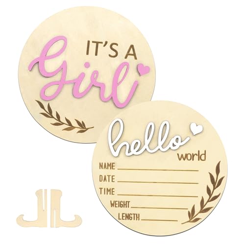 AINBIN Birth Announcement Sign Gender Reveal 2PCS Its a Girl and Hello World Baby Welcome Sign Wooden Name Newborn Announcement Board for Baby Shower Photo Props Hospital Nursery