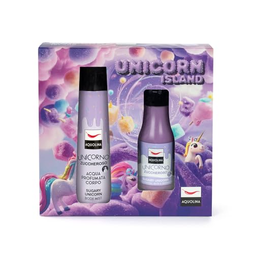 Aquolina Cofanetto Zuccheroso – UNICORN ISLAND – Acqua Corpo 150 ml + Bagno Doccia 125 ml – Set Made in Italy