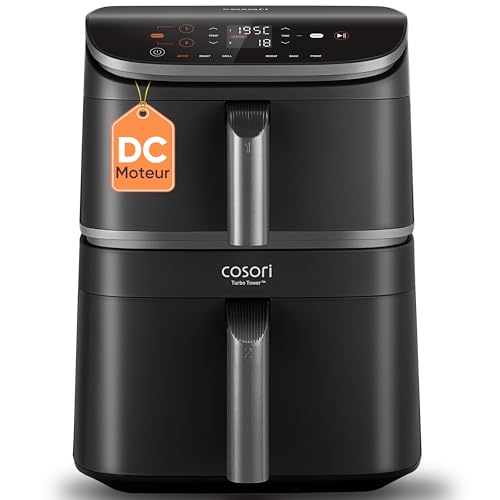 COSORI Air Fryer Turbo Tower 10,8L, Friteuse Sans Huile à 2 Tiroirs, 3 Niveaux Cuisson,6-en-1,Design compact et Empilable,41 Pour Cent Moins Large que les Double Airfryer Traditionneles,20+ Recettes