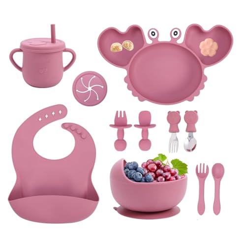Image of Silicone Baby Feeding Set Baby Led Weaning Utensils Set Includes Suction Bowl Divided Plate, Spoons Forks Sippy Cup Adjustable Bib, Cute Cartoon Baby Feeding Supplies Set (Pure Pink)
