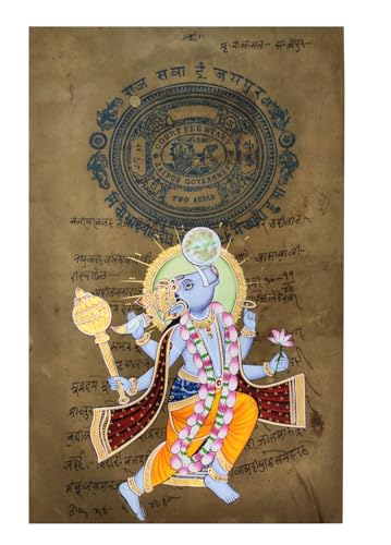 Purpledip Pintura de papel vintage del Señor Vishnu en Varaha Avatar: obra muy fina sin marco para colgar en la pared; arte en miniatura superfino indio coleccionable (12480J)