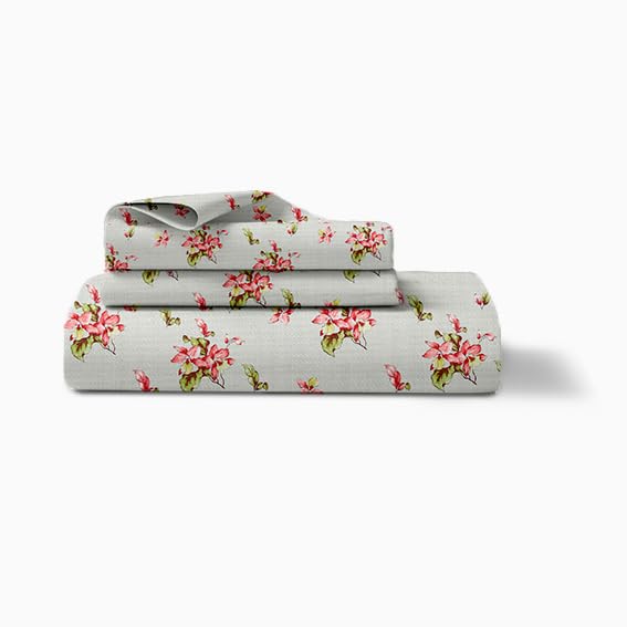 Image of LINENWALAS 100% Cotton Fitted Bed Sheet for Single Size Bed, Printed All Around Elastic Bedsheet (36 x 78 Inches) with 1 Pillow Covers | 210 TC Soft, Breathable, Luxury Bedsheet (Coral Garden)
