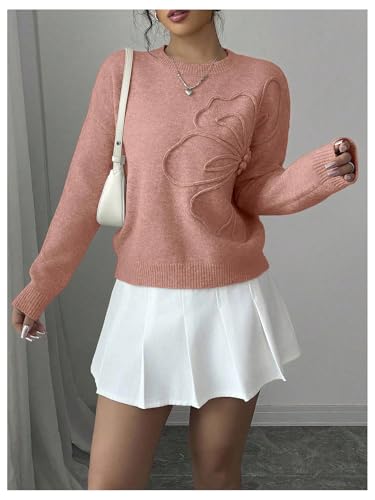 Image of Verdusa Women's Spring 3D Flower Appliques Crewneck Sweaters Long Sleeve Drop Shoulder Pullovers Knit Going Out Tops