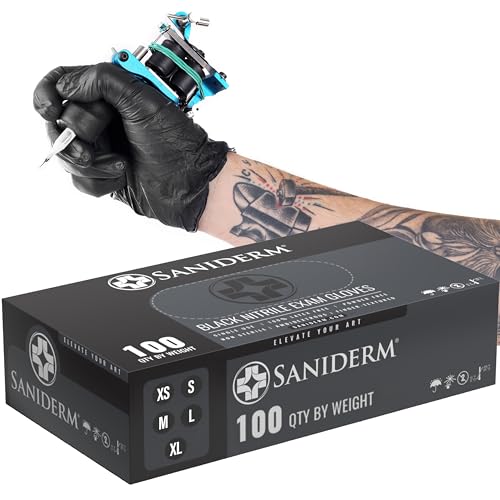 Saniderm Nitrile Tattoo Gloves - Box of 100 (Medium) – Durable 4.5 mil, Powder-Free, Latex-Free Disposable Tattoo Gloves