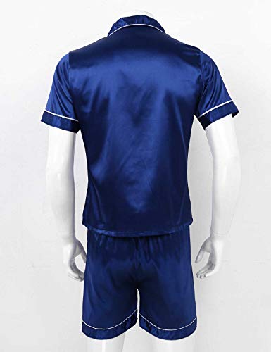 iiniim Men's Short Sleeve Satin Pajama Set with Shorts Classic Sleepwear Loungewear Navy Blue XX-Large3