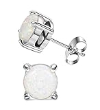 LOYALLOOK Women's White Created Opal Stud Earrings Stainless Steel Base 7MM Silver Tone