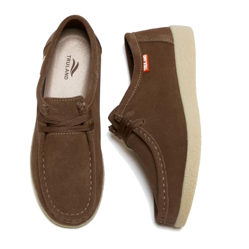 Image of TRULAND Leather Oxford Shoes for Women - Suede Lace Up Moc Toe Low Platform Flat Wallabees Shoes