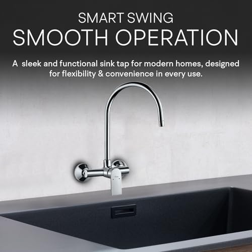 Image of Jaquar Wall Mounted Single Lever Sink Mixer with Swinging Spout on Upper Side, Connecting Legs & Wall Flanges, Stylish & Durable Faucet for Kitchen & Bathroom, Sliver, Chrome Finish