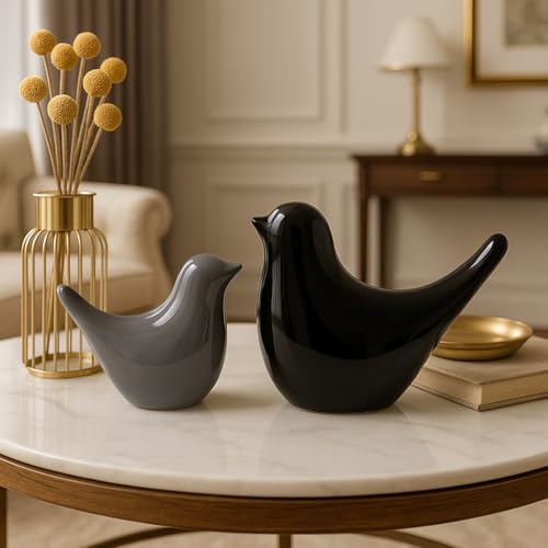 Image of LIFEHAXTORE Creative Black and Grey Glossy Ceramic Birds Figurines Home Decorations Accessories Party (Pack of 2)