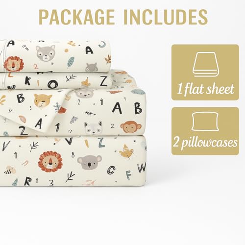 Image of Cottington Lane Kid's Alphabet Adventure Cartoon Bedsheet Set for Double Size Bed - Fun Learning Print with 2 Pillow Covers - Soft, Lightweight & Durable Bedding for Kids Room (90 x 100 Inches)