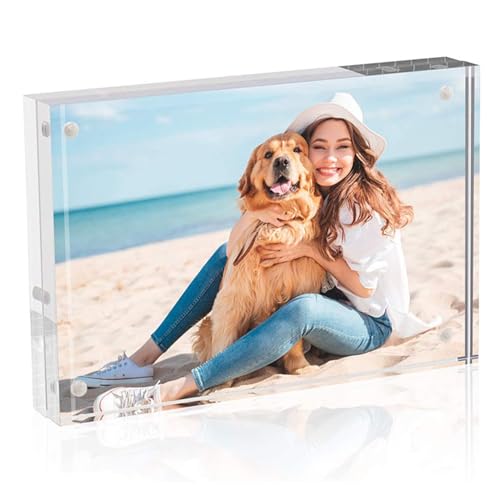 Pasdrucn Picture Frames Acrylic Frames, Magnetic Acrylic Photo Frame, 2cm Thicker Lucite Frameless Clear Floating Frames, Double Sided Display Block (21x29.7cm)