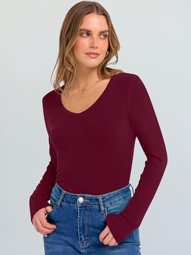 Image of ANRABESS Long Sleeve V Neck Shirts for Women | Soft Comfy Ribbed Knit Fitted Tshirts, Casual Going Out Tops, 2026 Trendy Basic, Fall Winter Underscrub Layering Clothes
