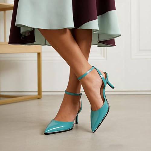 Image of SAMMITOP Kitten Heels for Women Low Heel Closed Toe Ankle Strap Pumps Wedding Party Beaded Dress Shoes 2.4 Inch