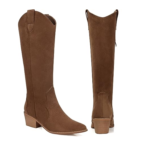 Image of SHIBEVER Cowgirl Boots Knee High: Womens Western Cowboy Boots Wide Calf Brown Low Heeled Put on Suede Tall Booties Size 10.5