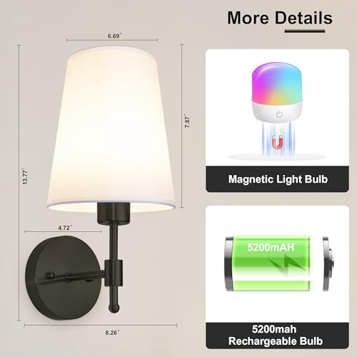 Battery Operated Wall Sconces Set of 2, Rechargeable Black Wall Sconce with Remote Control, 12 Colors RGB Magnetic Bulb, Wireless Battery Wall Lamp for Bedroom Living Room Hallway - Image 3