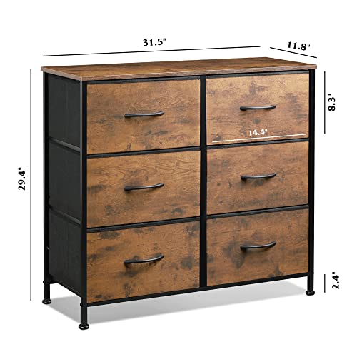 WLIVE 6 Drawer Dresser for Bedroom, Fabric Double Dresser, Storage Tower with Fabric Bins, Chest of Drawers for Closet, Living Room, Hallway, Rustic Brown Wood Grain Print