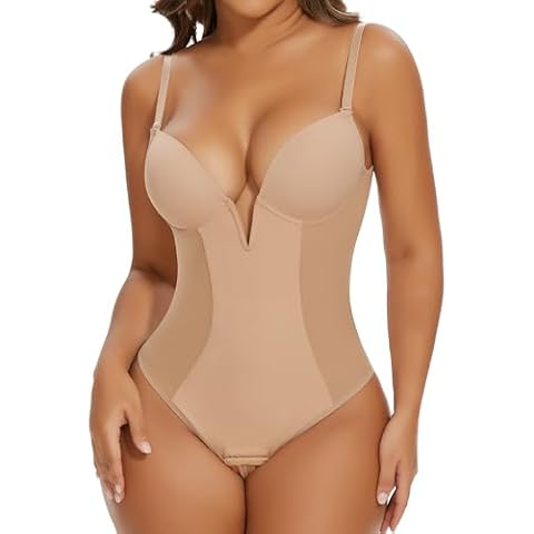 SHAPERIN Women's Deep V Backless Body Shaper Bra Faja Plunge Low Back Thong Shapewear Tummy Control Bodysuit (Medium,Nude) Cover