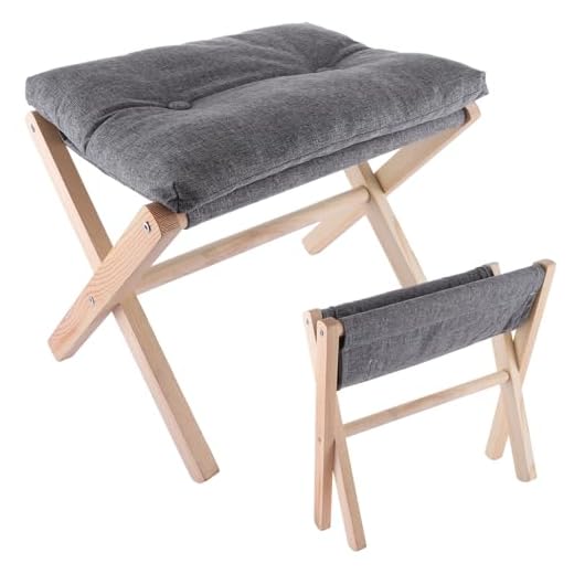 ASelected 40 Cm Height Footrest Stool Folding Wood Footstool Step Stool Foldable X Leg Footstool Small Changing Stool Ottoman Removable Soft Cushion for Living Room Bedroom Washable Dark Grey
