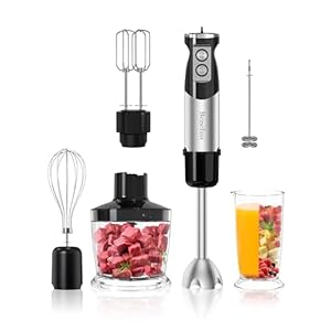 Elektrische Stabmixer 6 in 1 Stainless Steel Pürierstab Set, 1000W Stark Leistung, 12 Geschwindigkeiten & Turbo-Taste Blender für die Zubereitung von Salaten, Suppen und Teig
