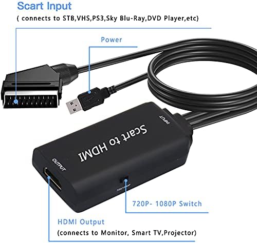 Tihokile Scart to HDMI Converter, Scart to HDMI Cable for DVD Player to TV Full HD 720P/1080P Video&Audio Adapter Compatible with VHS STB DVD VCR PS2 PS3 Sky Blu-ray TV Monitor Projector