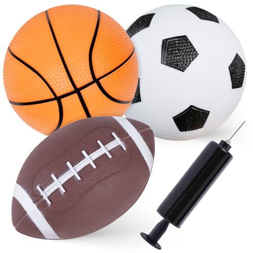 Shindel Sports Balls for Kids, 5 Inches Playground Balls with Hand Pump, Includes Football, Basketball